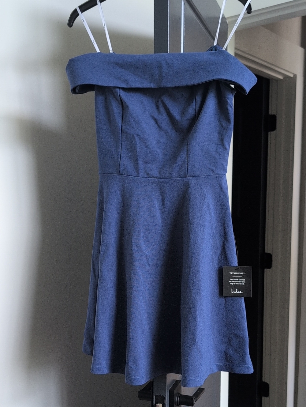 Lulu's On Or off shoulder A line Mini Blue Dress size S